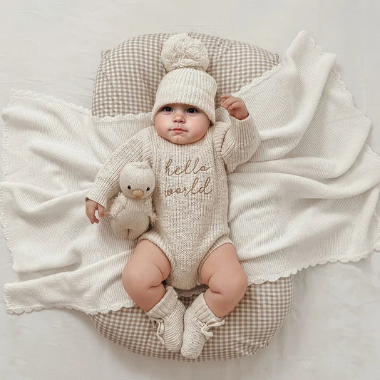 סט בגד גוף סרוג וכובע פונפון Hello World לגיל 0-1 חודש – בז׳