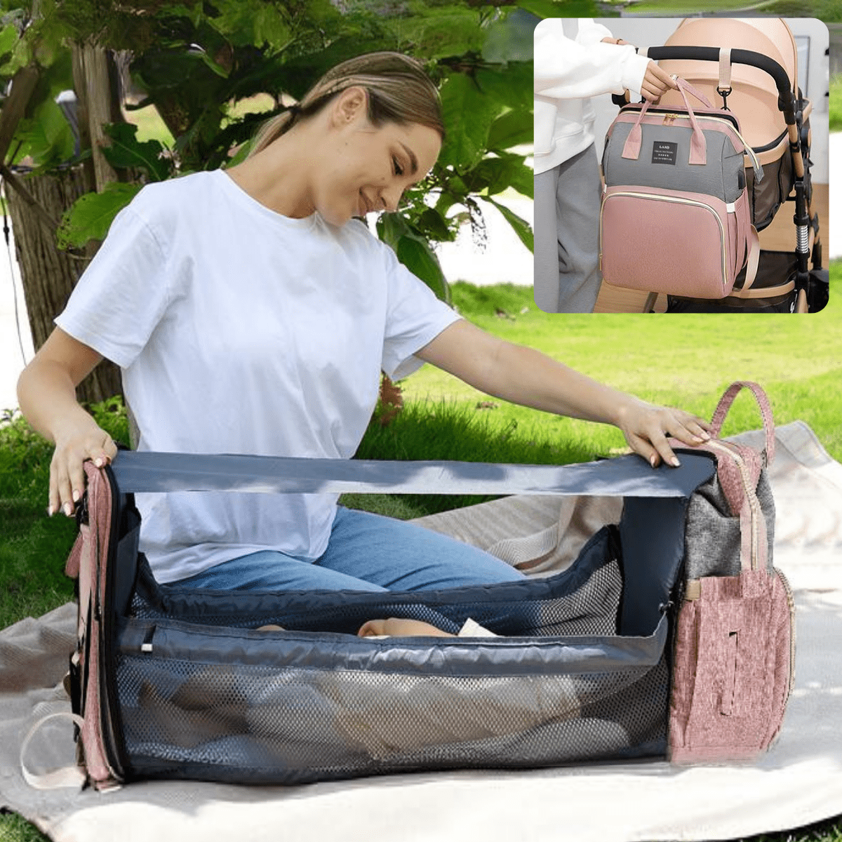 תיק גב עם משטח החתלה לתינוק – ורוד