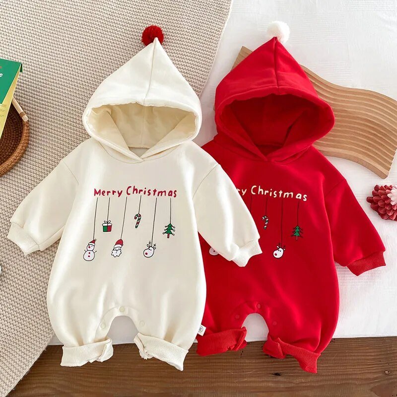 אוברול מודפס עם קפוצ׳ון Merry Christmas לגיל 3-24 חודשים – בז׳